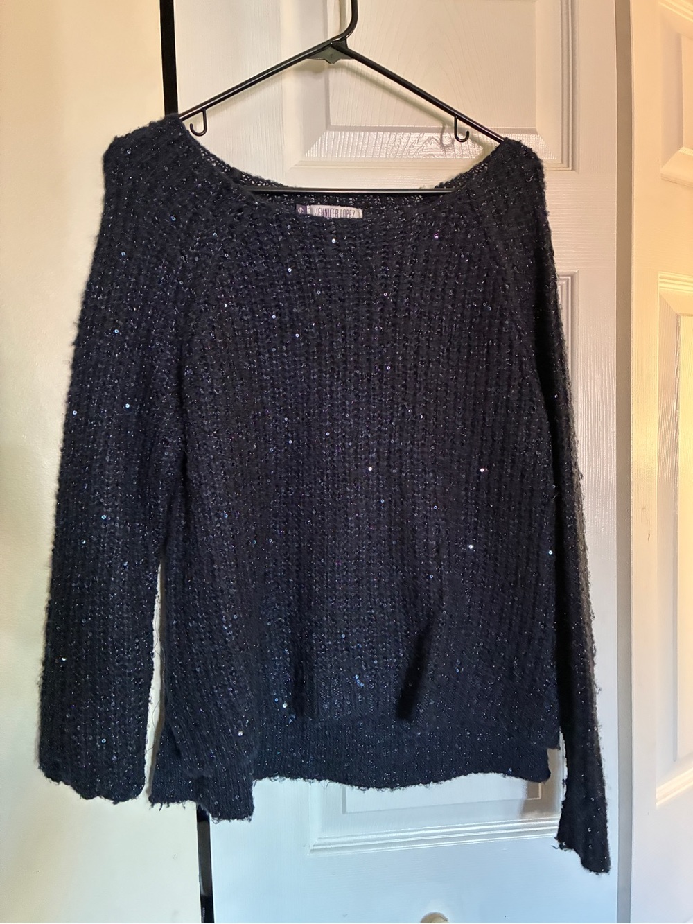 Jennifer Lopez Navy Sequin Scoop Neck Sweater